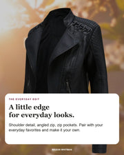 Valentina editorial styling card: Shoulder detail, Angled zip, Zip pockets.