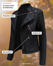 Valentina details: Shoulder detail, Angled zip, Zip pockets.