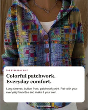 Vanessa editorial styling card: Long sleeves, Button front, Patchwork print.