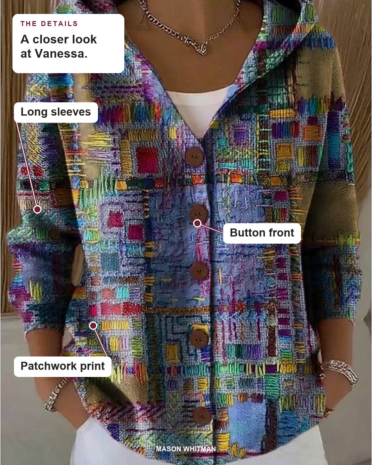 Vanessa details: Long sleeves, Button front, Patchwork print.