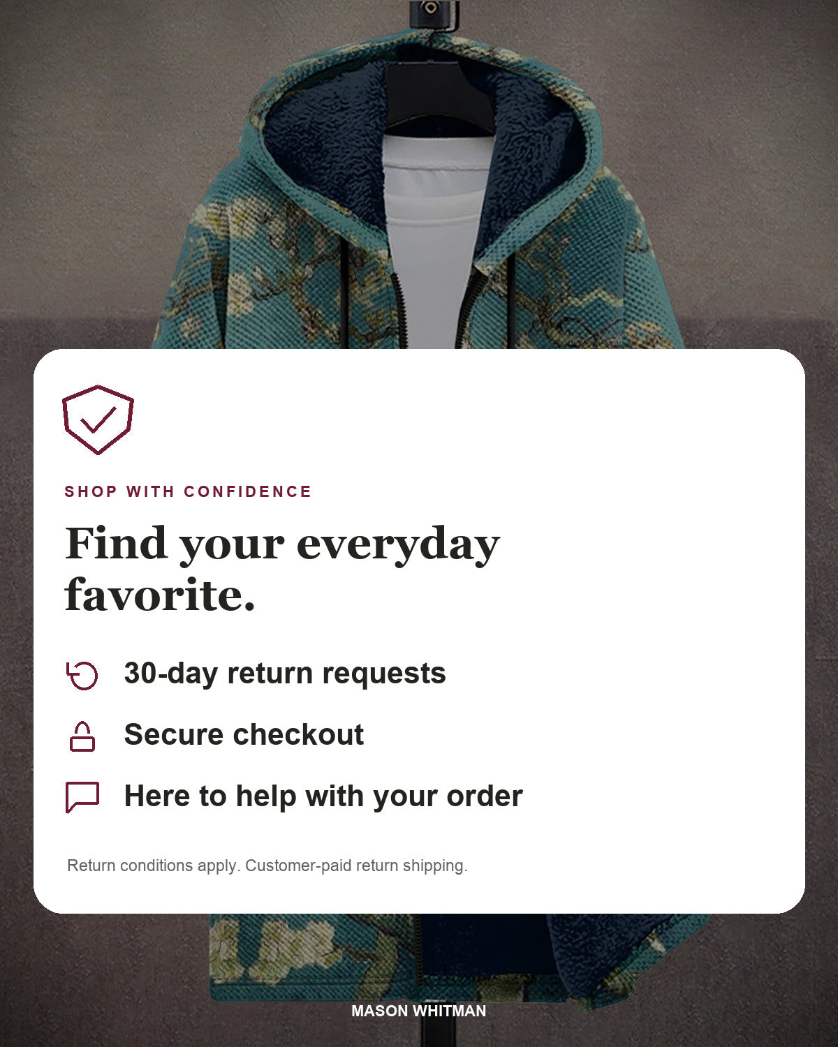 Mason Whitman shopping information: 30-day return requests, secure checkout and customer support. Conditions and customer-paid return shipping apply.