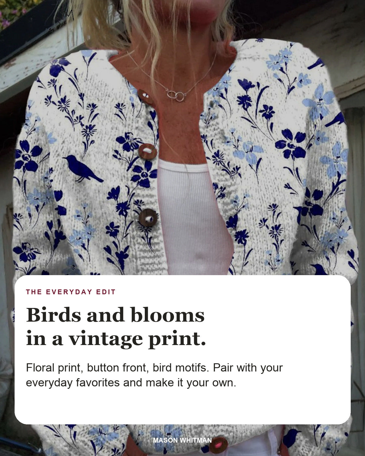 Vynora editorial styling card: Floral print, Button front, Bird motifs.