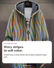Warren cardigan editorial card: A lined hood, a lined interior and a wavy multicolor stripe print.