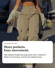 Women's high-waist straight-leg cargo pants with editorial text: more pockets, easy movement and a relaxed fit.