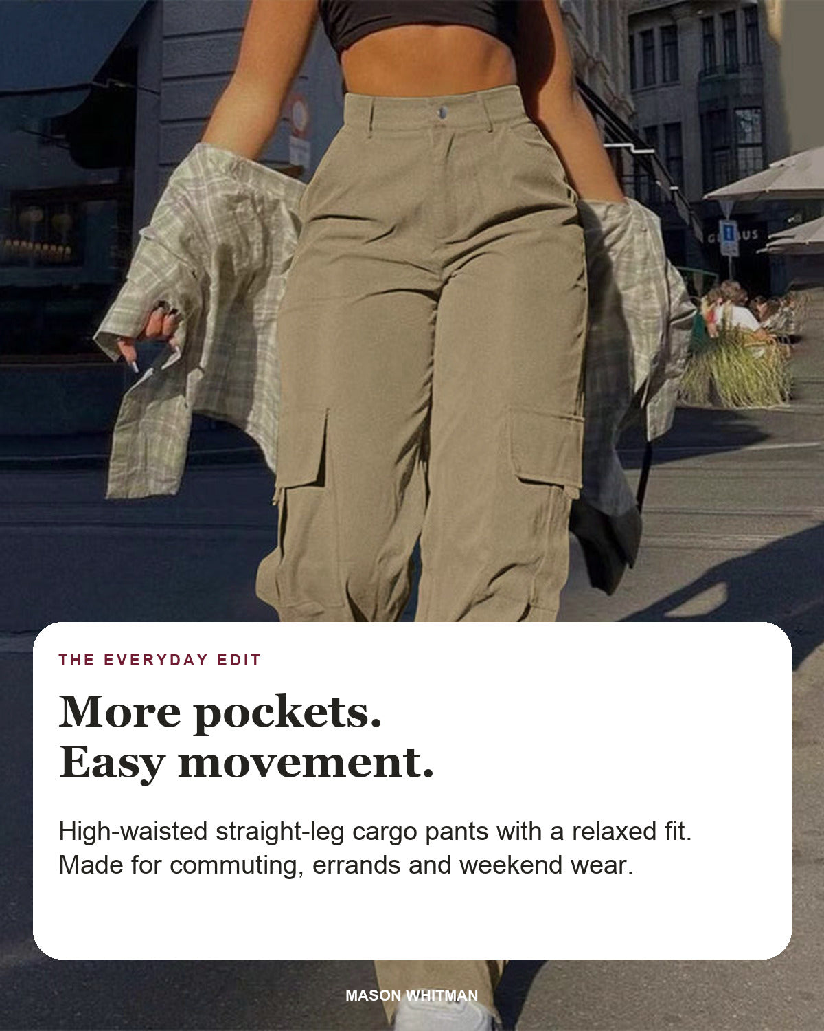 Women's high-waist straight-leg cargo pants with editorial text: more pockets, easy movement and a relaxed fit.