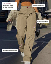 Women's cargo pants showing the high-rise waist, cargo pockets and relaxed straight leg.