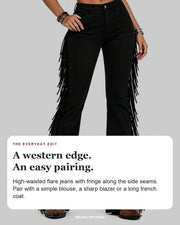 Black high-waisted flare jeans with side fringe, with editorial text on pairing them with a blouse, blazer or trench coat.