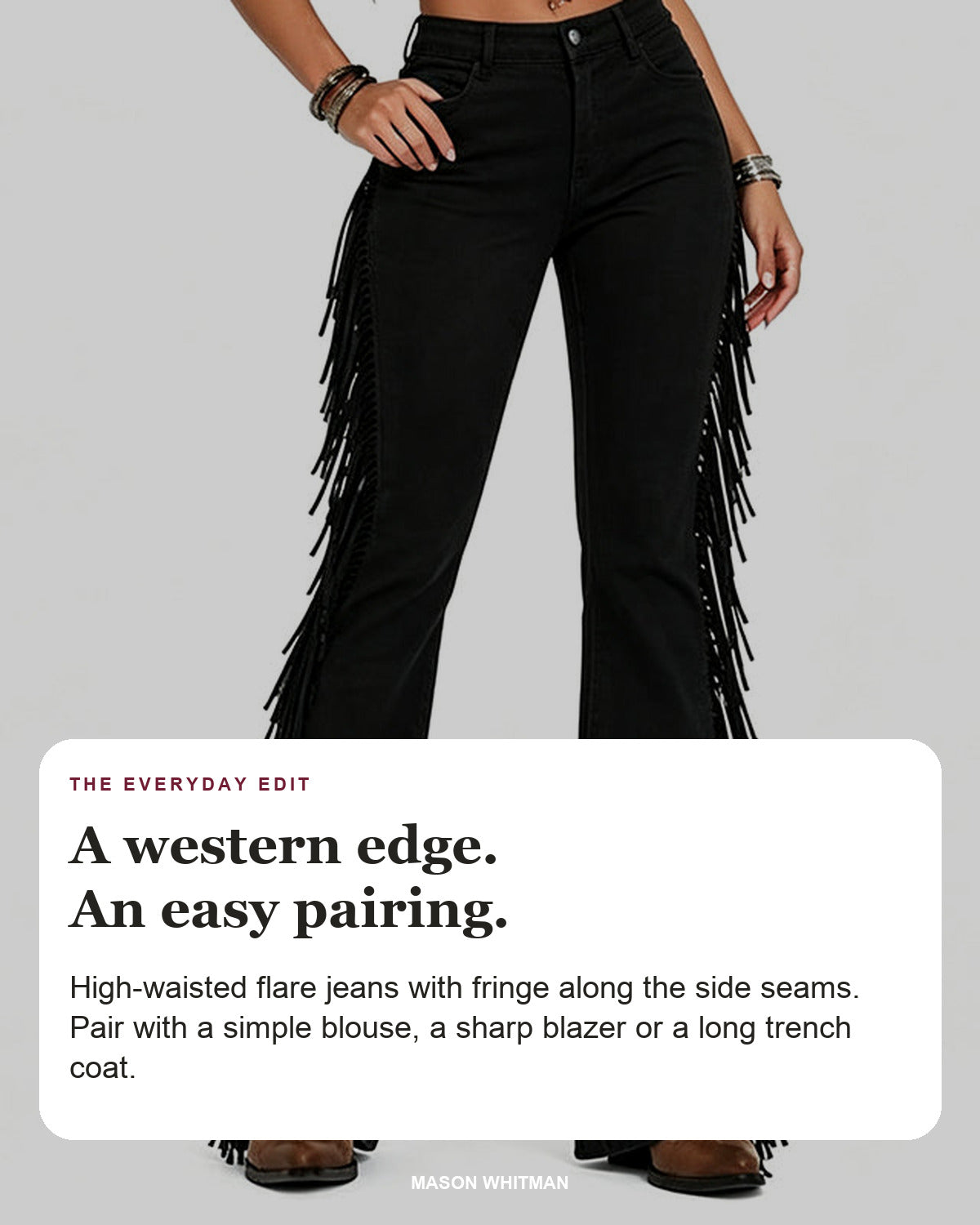 Black high-waisted flare jeans with side fringe, with editorial text on pairing them with a blouse, blazer or trench coat.