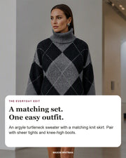 Women's argyle knit sweater and skirt set in black and grey with editorial text about the matching two-piece outfit.