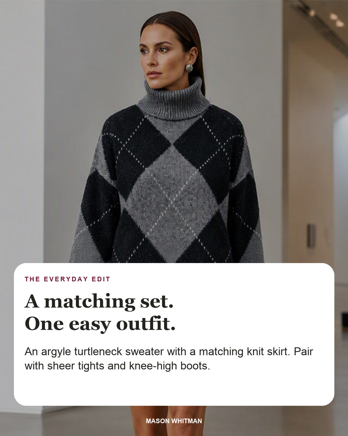 Women's argyle knit sweater and skirt set in black and grey with editorial text about the matching two-piece outfit.