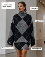 Argyle sweater and skirt set showing its turtleneck, argyle knit, relaxed sleeves and matching skirt.
