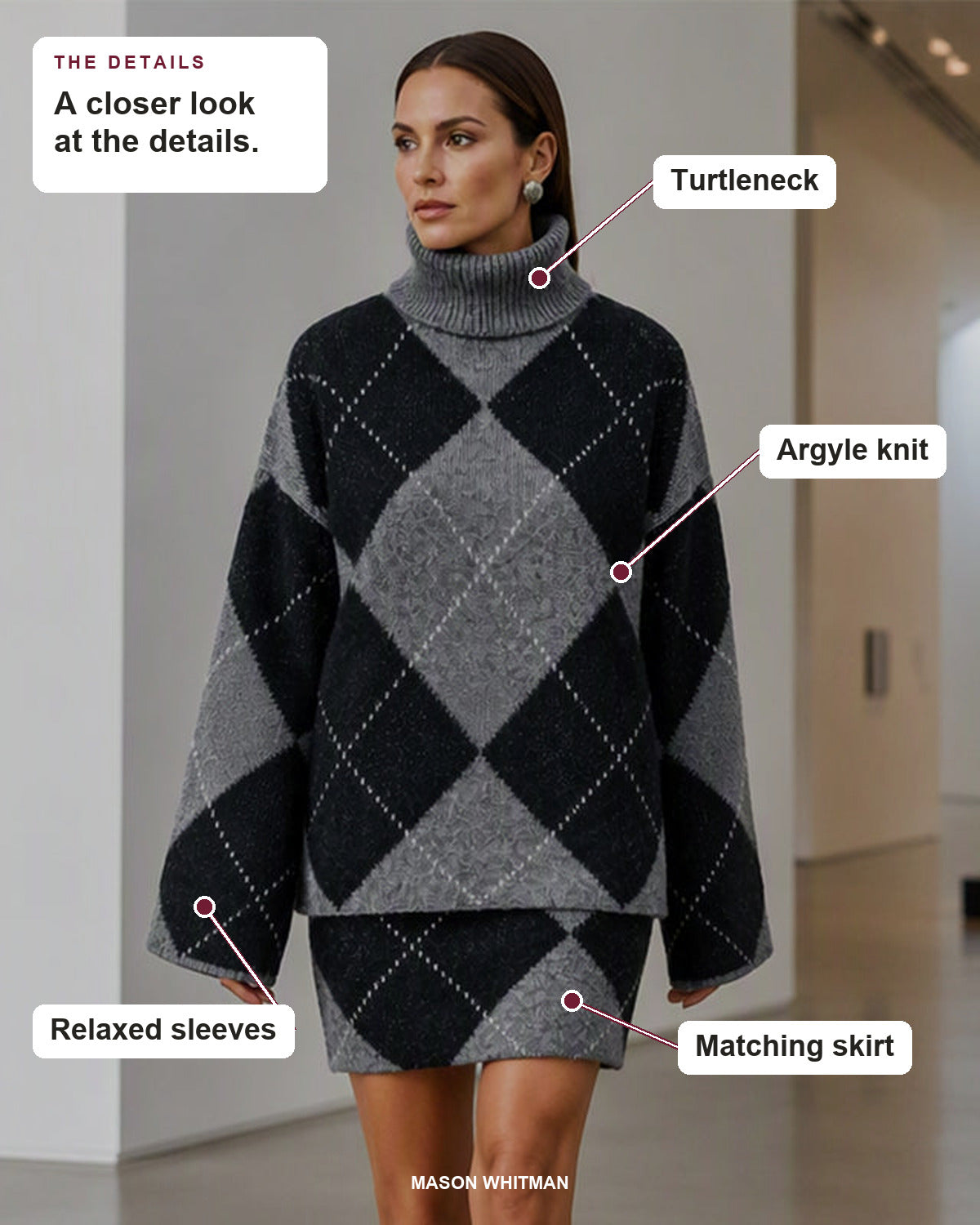 Argyle sweater and skirt set showing its turtleneck, argyle knit, relaxed sleeves and matching skirt.