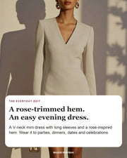 Women's elegant V-neck long sleeve dress in apricot with editorial text about its rose-inspired hem.