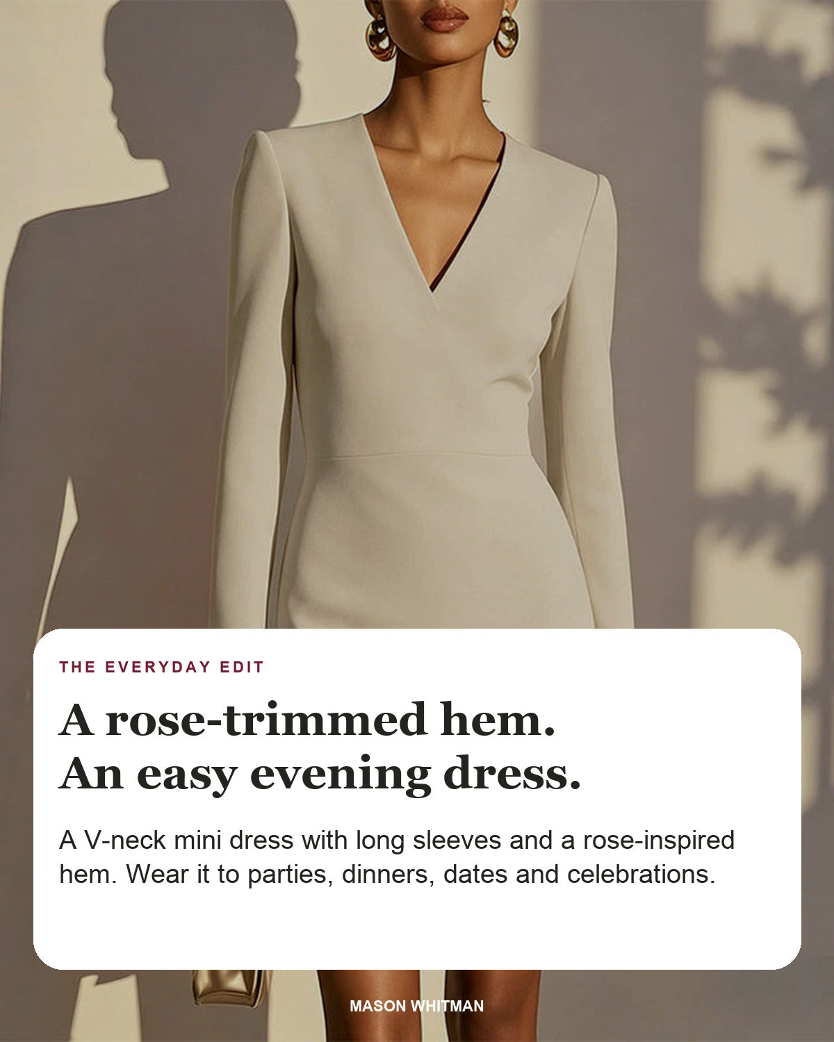 Women's elegant V-neck long sleeve dress in apricot with editorial text about its rose-inspired hem.
