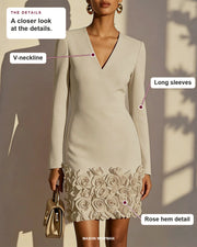 V-neck long sleeve dress showing its V-neckline, long sleeves and rose hem detail.