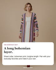 this cardigan editorial styling card: Shawl collar, Bohemian print, Longline length.