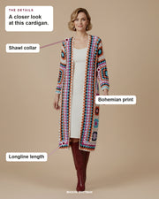 this cardigan details: Shawl collar, Bohemian print, Longline length.
