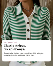 Wren editorial styling card: Striped collar, Button front, Ribbed hem.