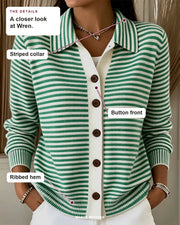 Wren details: Striped collar, Button front, Ribbed hem.