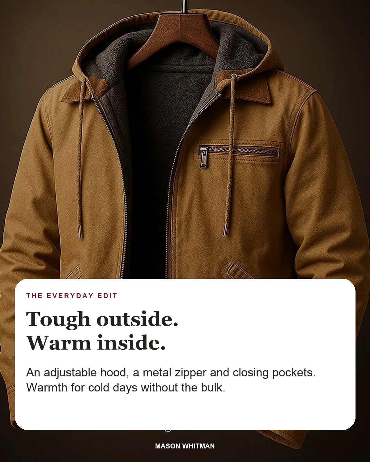 Wyatt jacket editorial card: adjustable hood, zip chest pocket, metal zipper.