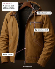 Wyatt jacket details: adjustable hood, zip chest pocket, metal zipper.
