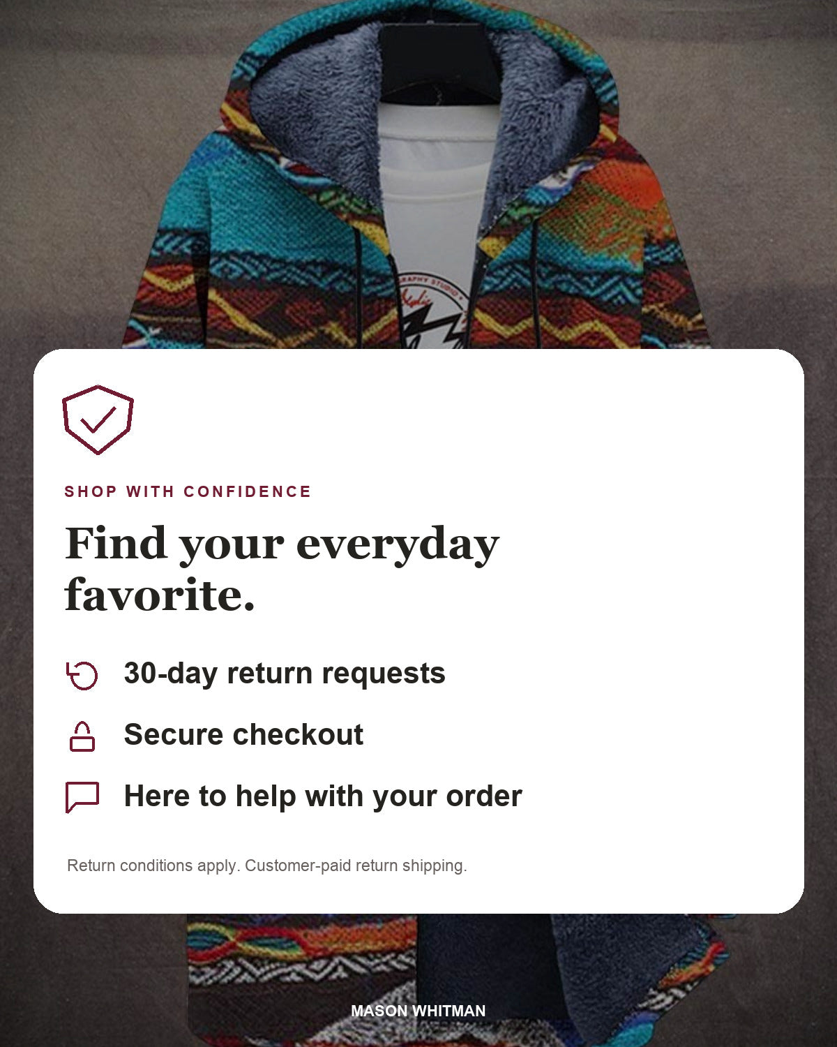 Mason Whitman shopping information: 30-day return requests, secure checkout and customer support. Conditions and customer-paid return shipping apply.