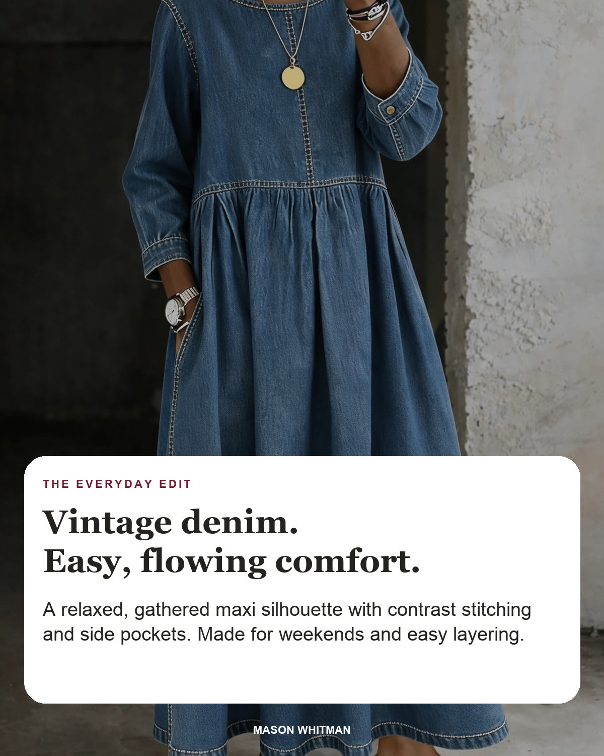 Zephyrelle denim maxi dress in blue with editorial text about its gathered silhouette, contrast stitching and side pockets.
