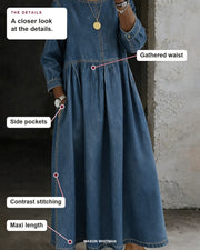 Zephyrelle maxi dress showing its gathered waist, side pockets, contrast stitching and maxi length.