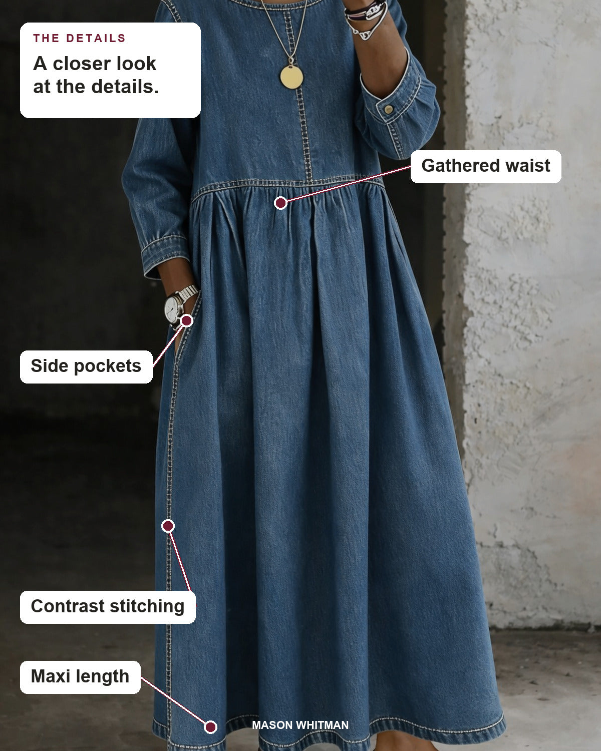 Zephyrelle maxi dress showing its gathered waist, side pockets, contrast stitching and maxi length.