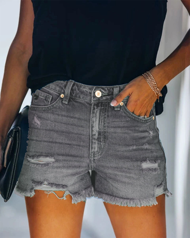 Women’s Mid-Rise Distressed Denim Shorts Casual Summer Everyday Wear Versatile Styling