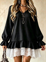 Women's Tiered Ruffle Lace Hem Babydoll Mini Dress