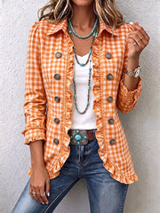 Charlene | Gingham Ruffled Button-Down Jacket