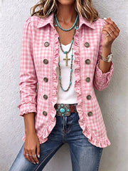 Charlene | Gingham Ruffled Button-Down Jacket