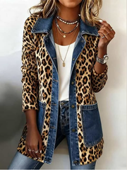 Fablenne | Leopard Print Denim Panel Contrast Longline Jacket